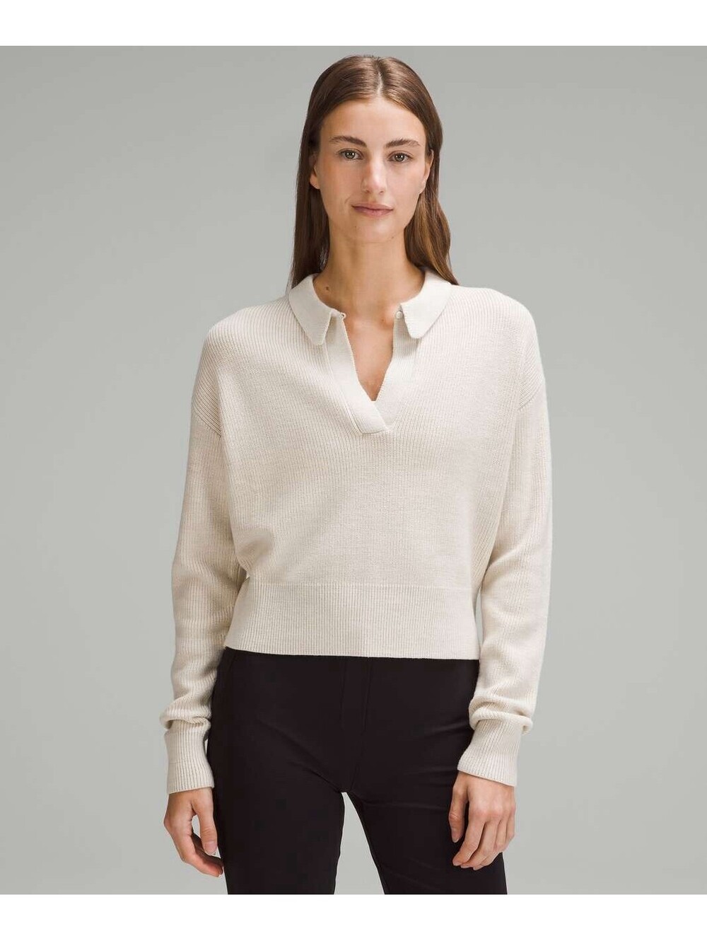 Lululemon Collared Merino Wool Blend Sweater Heathered Bone Athleisure L